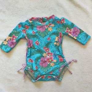 Ruffle Butts UPF 50+ Blue and Pink Baby Swimsuit Size 0-3M
